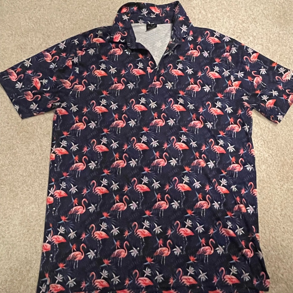 Navy Flamingo Print Men's Golf Polo Shirt